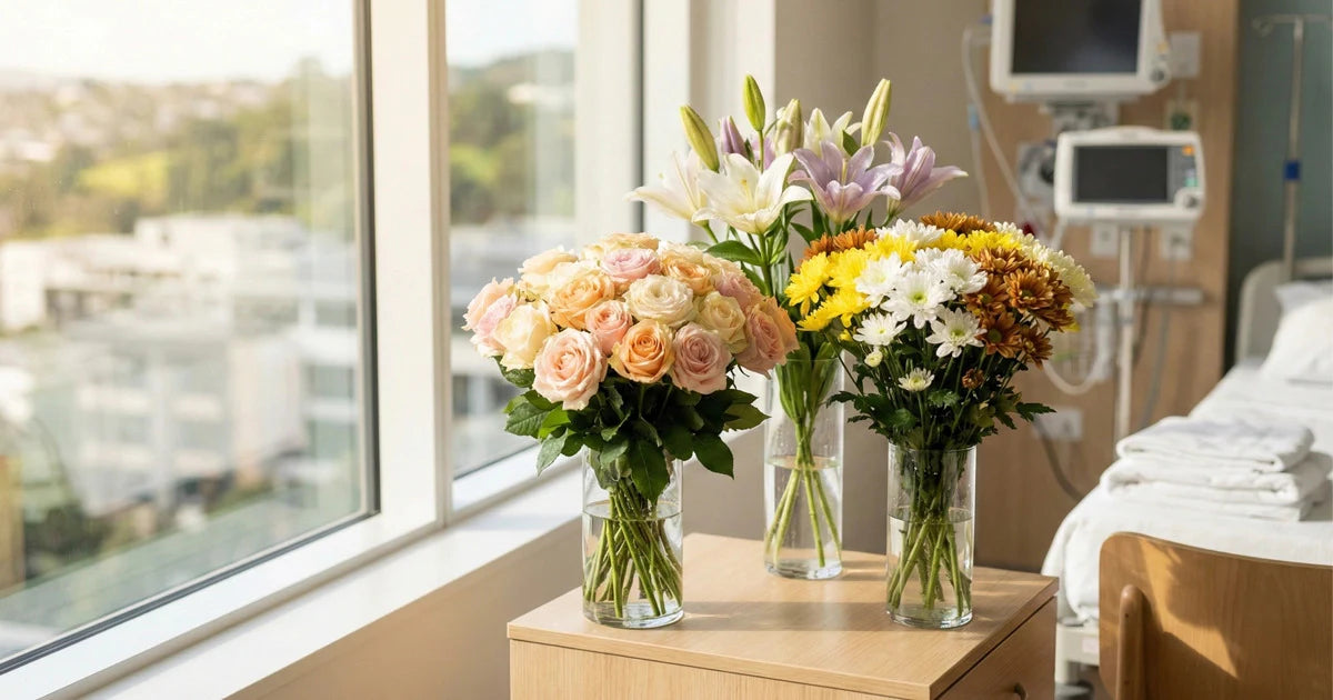 Three flower bouquets on a table by a window in a hospital room.