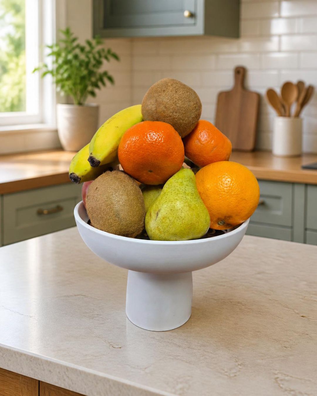 A white pedestal fruit bowl filled with fresh fruit, including oranges, pears, kiwi, and a banana, set on a kitchen counter with a blurred kitchen background.