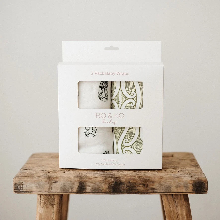 Box of Bo & Ko baby wraps on a wooden stool with a plain background