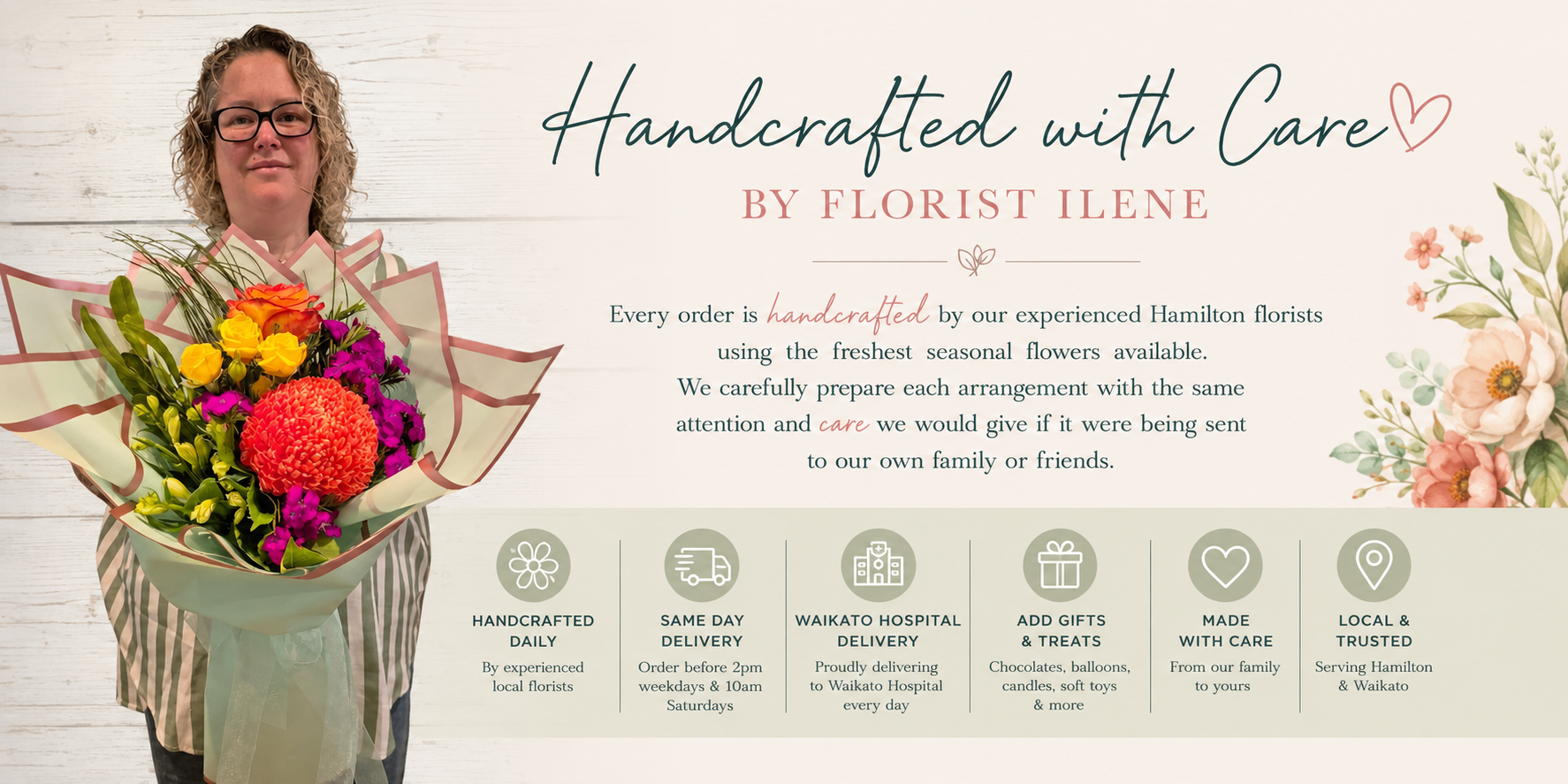 A promotional graphic for Florist Ilené featuring a woman holding a large, colorful bouquet of handcrafted flowers. The background is a light whitewashed wood panel, with elegant script text reading 'Handcrafted with Care BY FLORIST ILENÉ'.