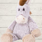 A plush toy resembling a marshmallow horse with a grey and brown color scheme, featuring embroidered details on the face and a fluffy texture.