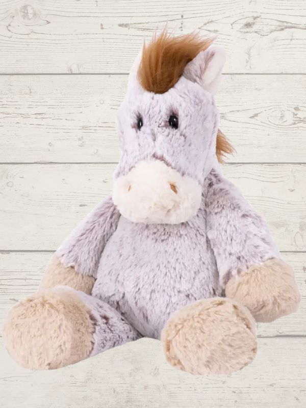 A plush toy resembling a marshmallow horse with a grey and brown color scheme, featuring embroidered details on the face and a fluffy texture.