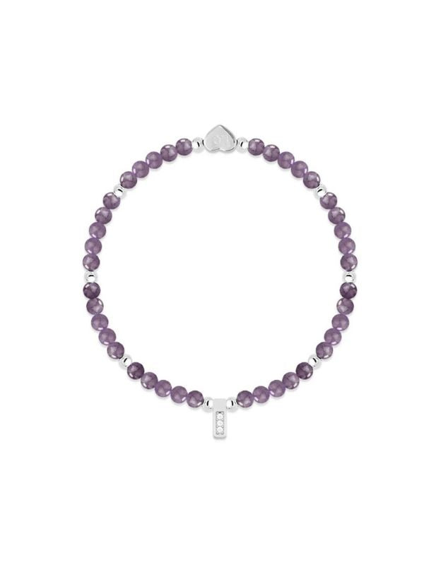 Purple beaded bracelet with silver clasp on a white background