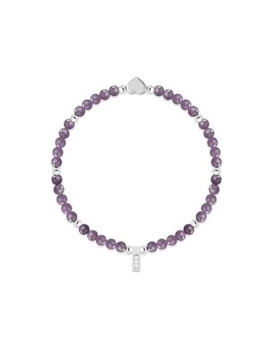 Purple beaded bracelet with silver clasp on a white background