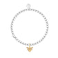 Silver beaded bracelet with a gold bee charm on a white background