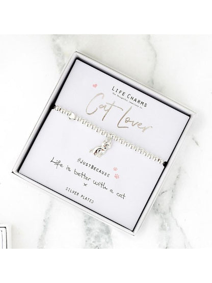 Life Charms cat lover bracelet in a branded box on a marble surface