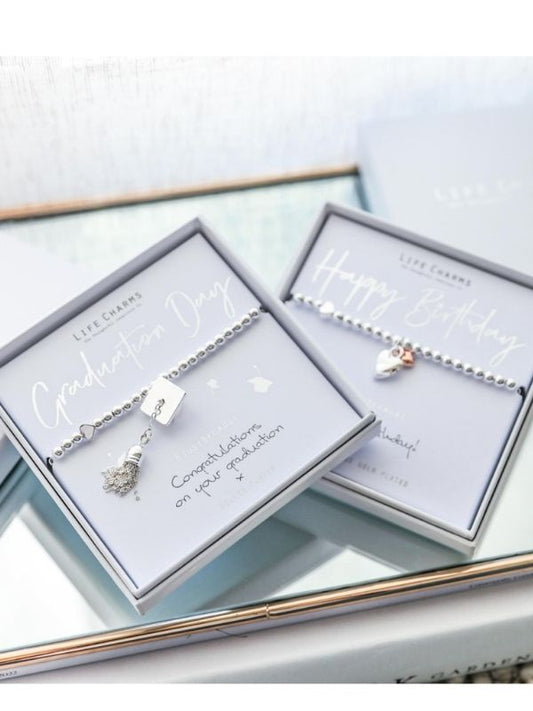 Two silver bracelets in branded boxes on a light blue background