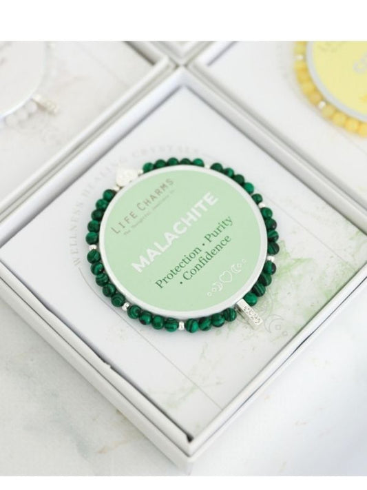 Green beaded bracelet with a circular green stone in a white box