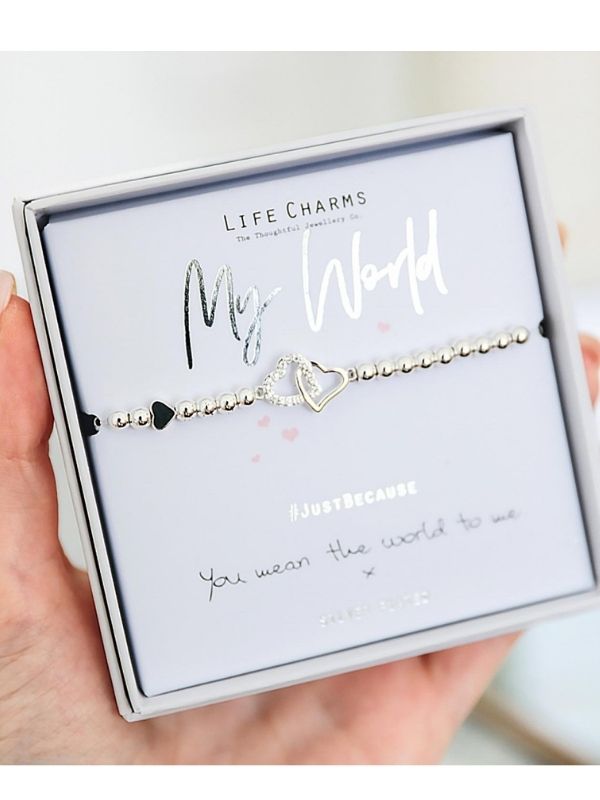 Bracelet with heart charms in a 'Life Charms' box