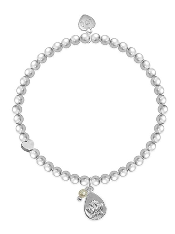 Pearl bracelet with a silver charm on a white background