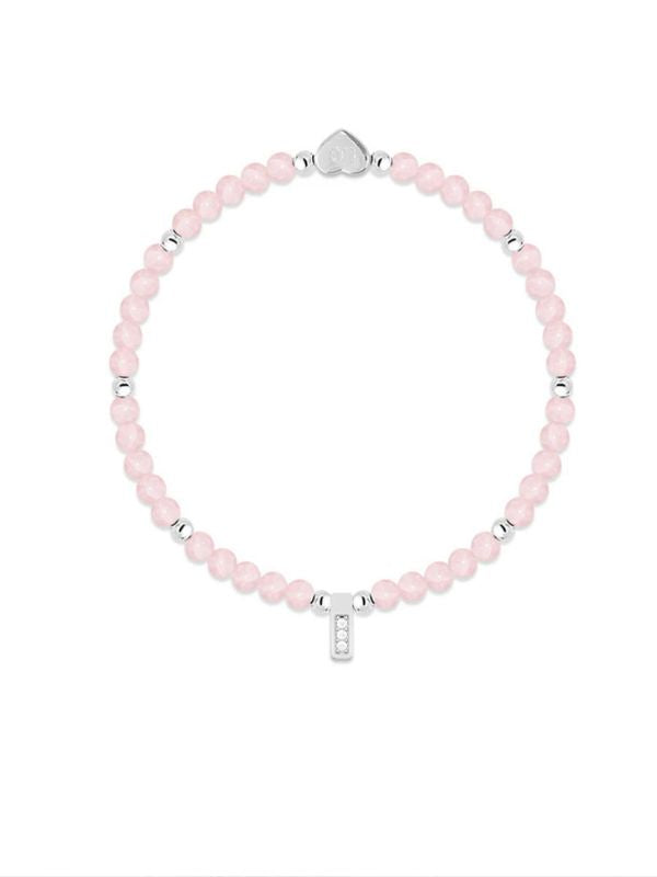 Pink beaded bracelet with silver lock clasp on a white background
