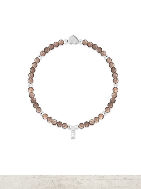 bracelet with brown beads and a silver clasp on a white background