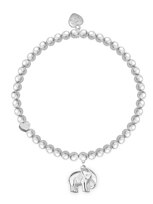 Pearl bracelet with silver elephant charm on a white background