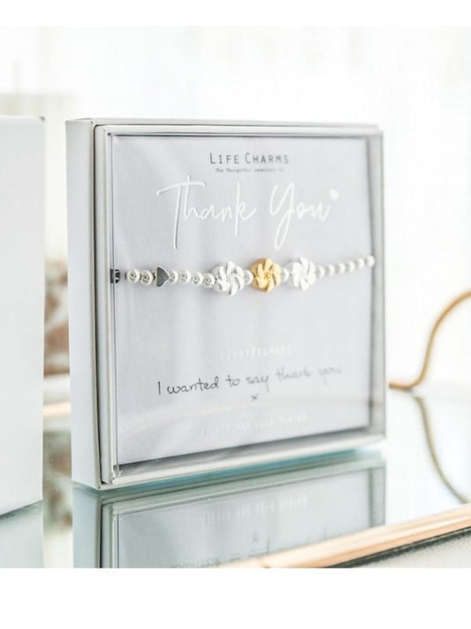 Bracelet with life charm in a 'Thank You' card packaging on a white background
