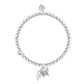 Pearl bracelet with a silver butterfly charm on a white background