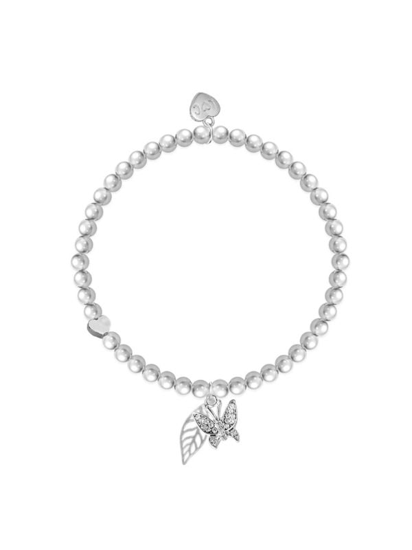 Pearl bracelet with a silver butterfly charm on a white background