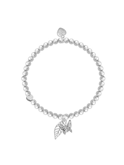 Pearl bracelet with a silver butterfly charm on a white background