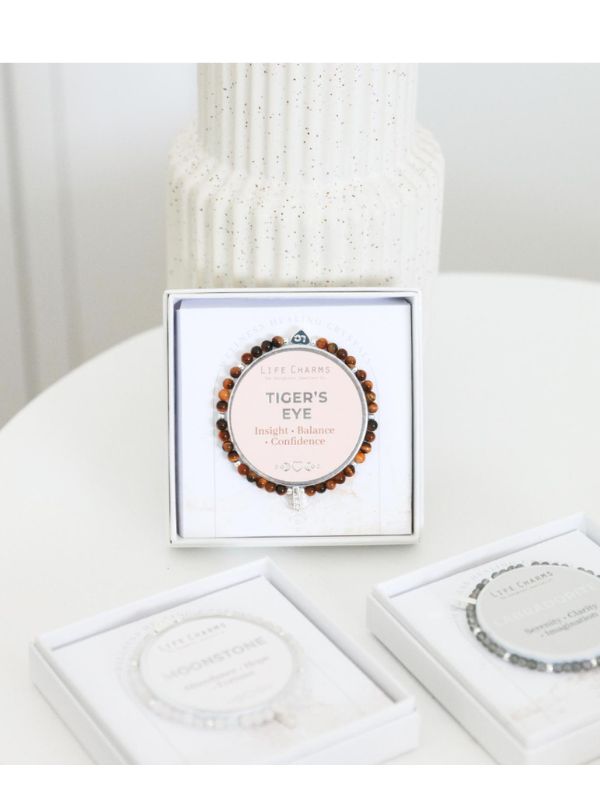 Bracelet in a box labeled 'Tiger's Eye' on a white surface with a blurred background