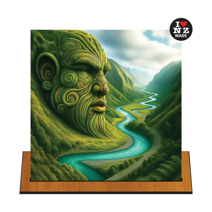 A square wall art print or canvas mounted on a wooden display stand, showing a surreal landscape with a large green face carved into a mountain beside a winding turquoise river. A small 'I ♥ NZ MADE' badge appears in the top-right corner.