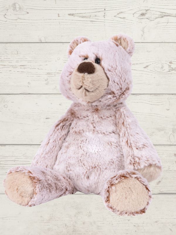 A plush toy resembling a marshmallow bear with a browncolor scheme, featuring embroidered details on the face and a fluffy texture.
