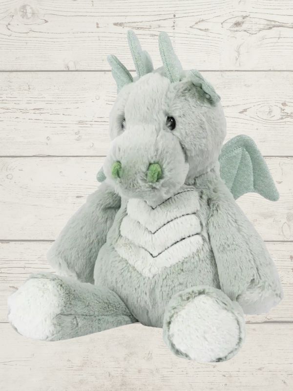 A gray plush toy resembling a dragon with a soft fabric body, designed for young children.