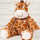 A plush toy resembling a marshmallow giraffe with a white and brown color scheme, featuring embroidered details on the face and a fluffy texture.