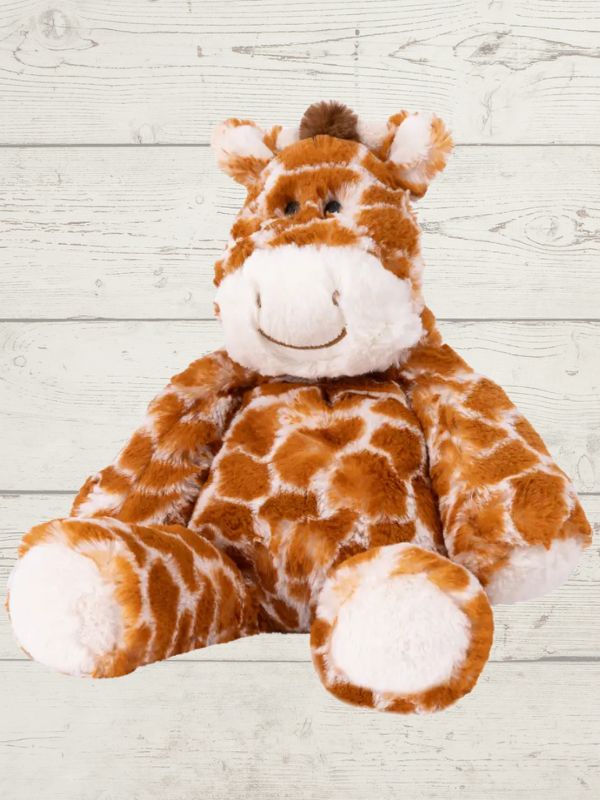 A plush toy resembling a marshmallow giraffe with a white and brown color scheme, featuring embroidered details on the face and a fluffy texture.