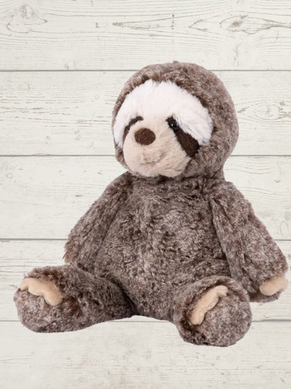 A plush toy resembling a marshmallow sloth with a face, made from soft fabric, designed by Mary Meyer.