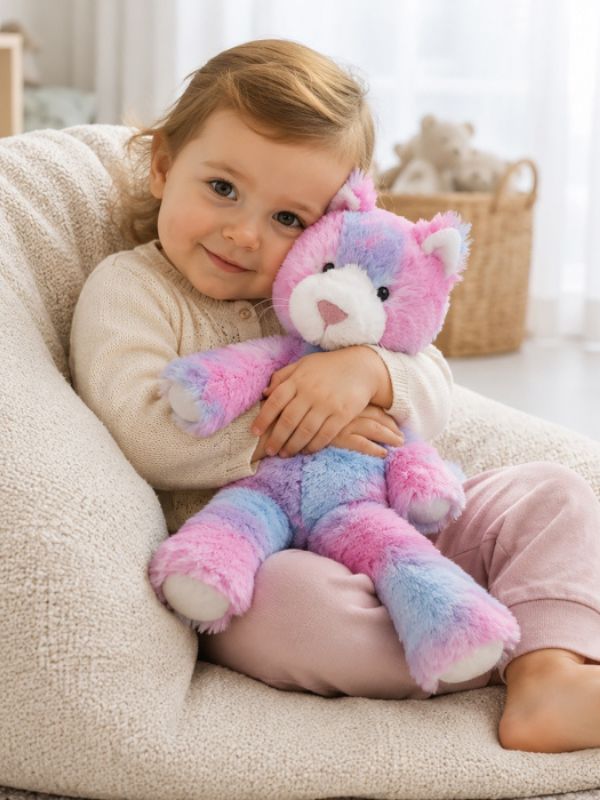 A young child sitting in a cream-colored plush beanbag chair, holding a pastel rainbow plush bear toy. The child is wearing a cream knit sweater and pink pants, with a soft, bright indoor room in the background.