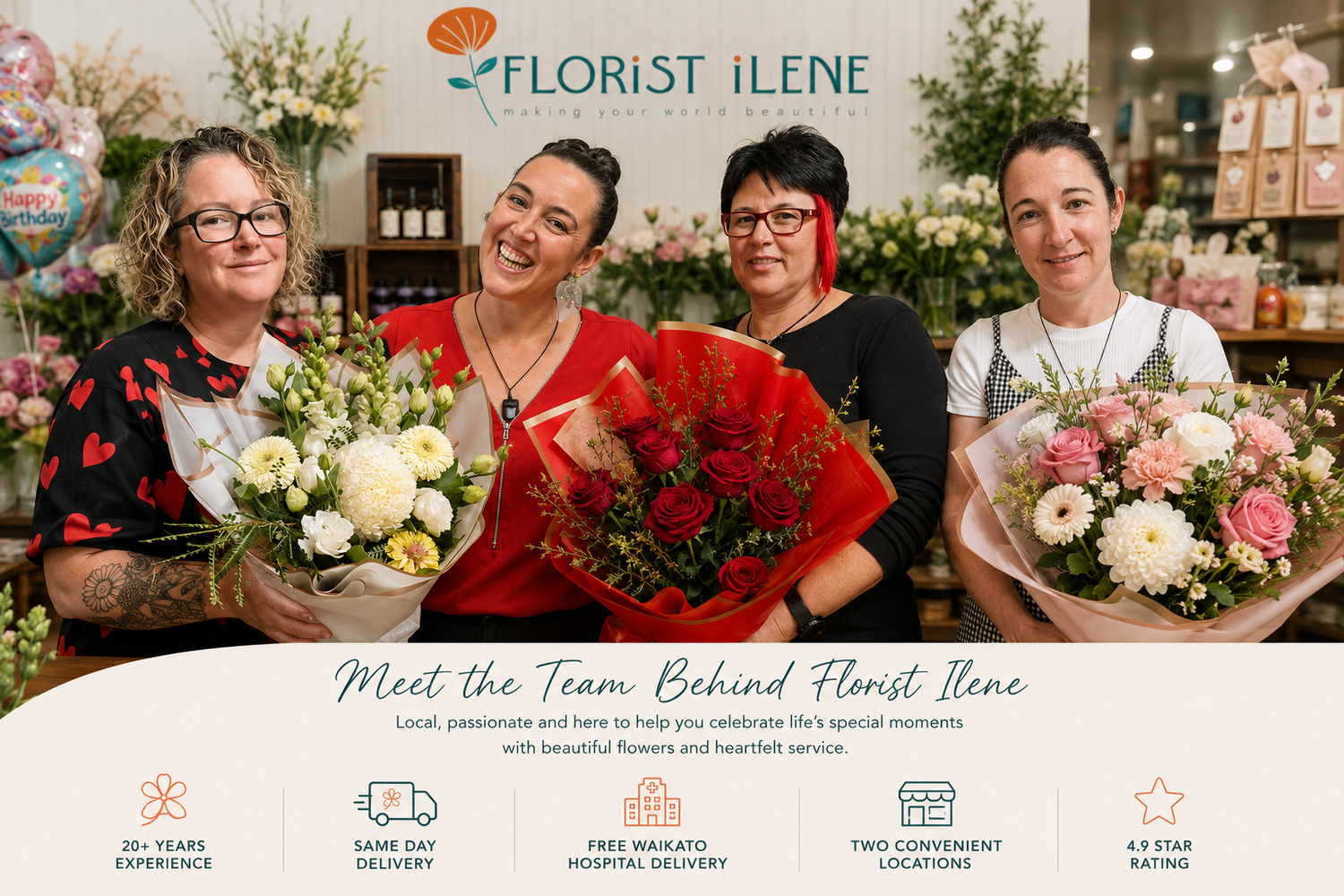 A promotional banner for Florist iLene, featuring four smiling women holding colorful bouquets of flowers in a flower shop setting. The top displays the brand logo 'FLORIST iLENE', and the bottom has a white curved banner with service icons and text.