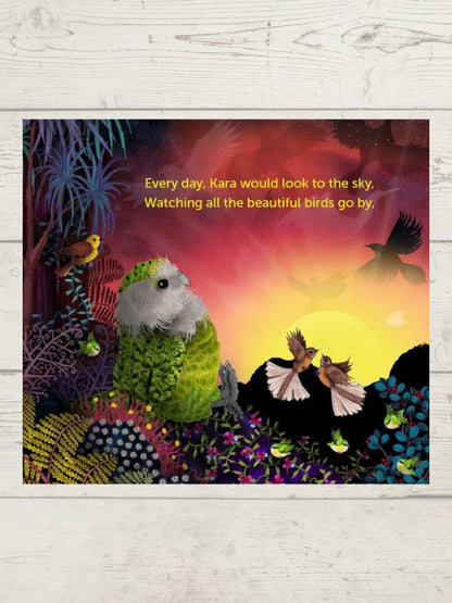 A square art print featuring a colorful illustration of a green-and-white bird among tropical foliage at sunset, with yellow text reading, 'Every day, Kara would look to the sky. Watching all the beautiful birds go by.