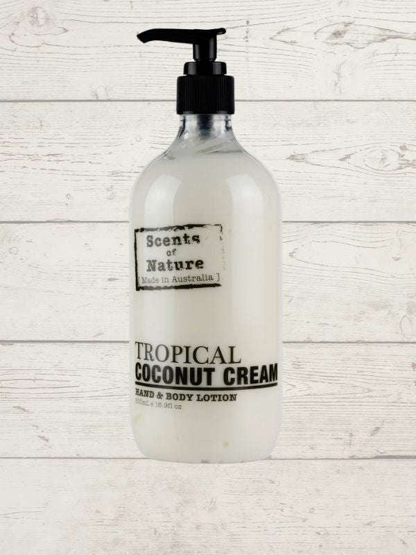 Tilley Scent of Nature body lotion with pump dispenser, tropical coconut cream.