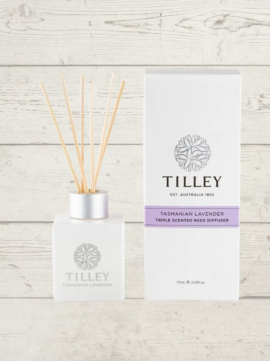 A Tilley brand reed diffuser with a white bottle and beige reeds, accompanied by a packaging box with the product name and branding visible.