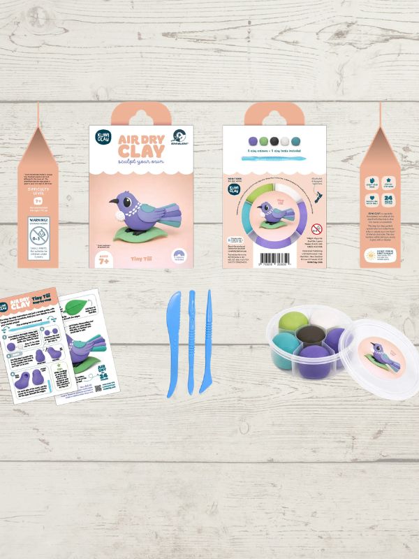 A clay art kit laid out on a light wood background, including two peach-colored hanging pouches, a package labeled Air Dry Clay, a printed instruction sheet, two blue sculpting tools, a round palette with multiple colored clay pieces, and a small printed card with a bird illustration.