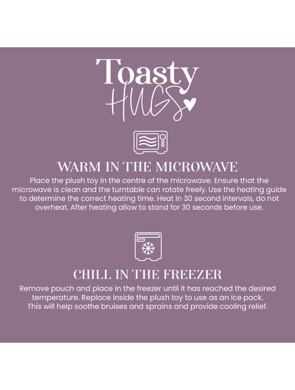 Instructions for using a plush toy with text on a purple background