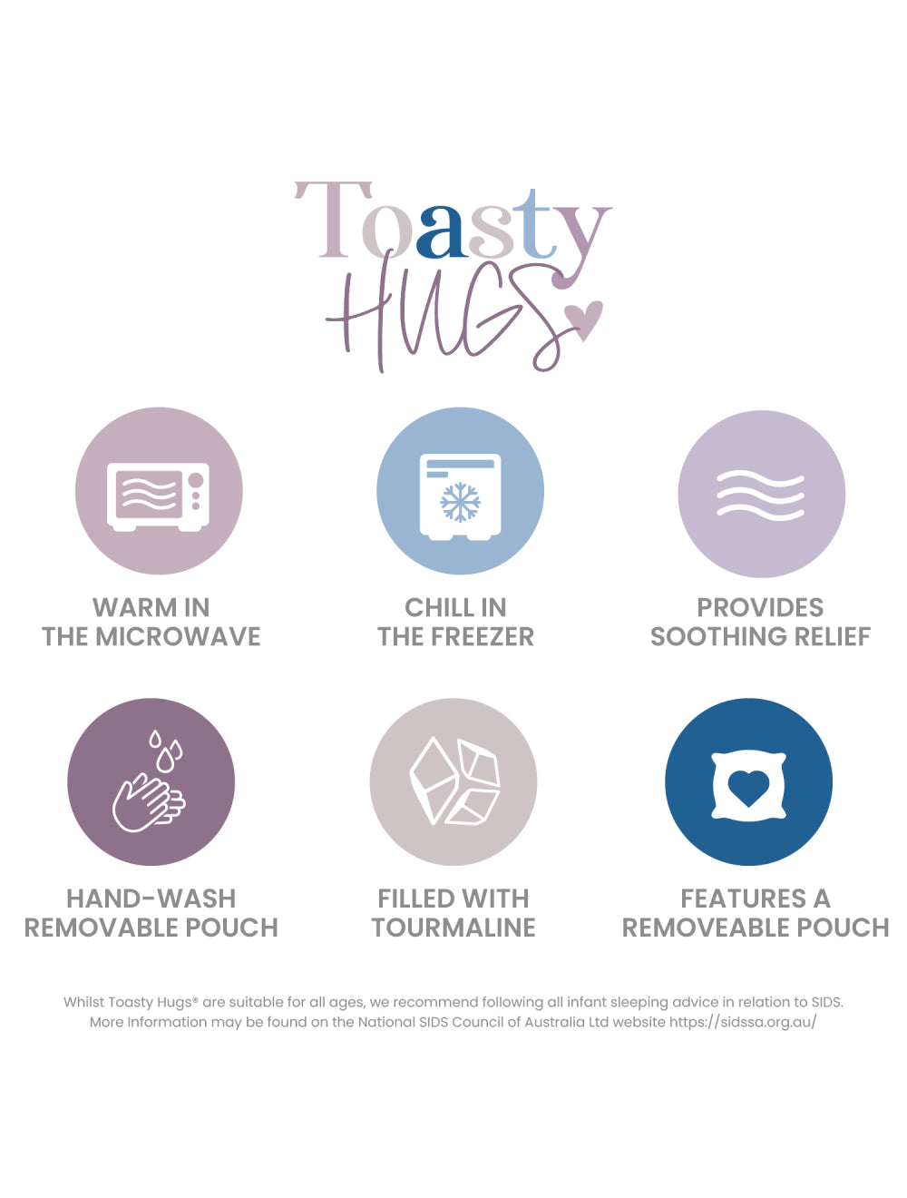 Product packaging for 'Toasty Hugs' with icons and text on a white background