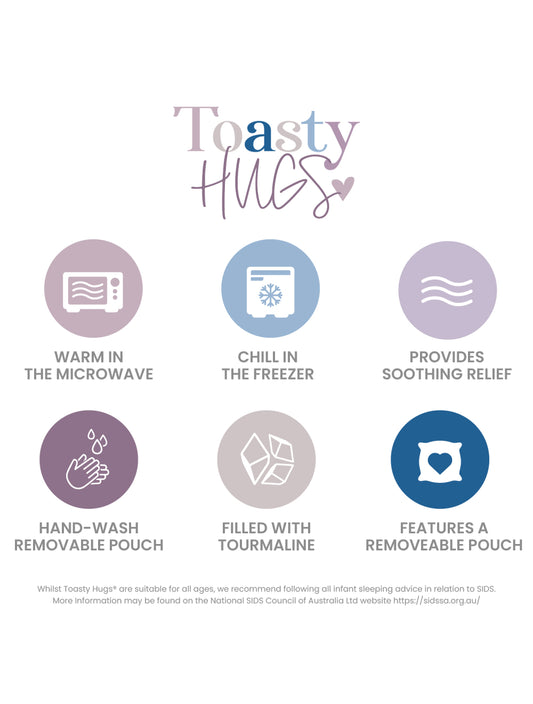 Product packaging for 'Toasty Hugs' with icons and text on a white background