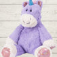 A plush toy resembling a marshmallow unicorn with a pink and purple color scheme, featuring embroidered details on the face and a fluffy texture.