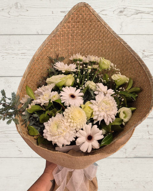 Harakeke Wrapped White and Green Bouquet