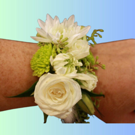 White & green wrist corsage