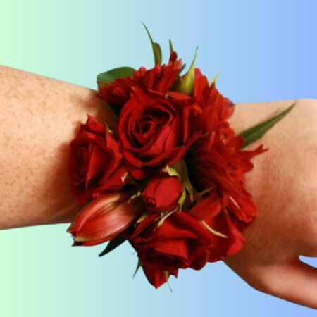 Beautiful petite wrist corsage in red and green.