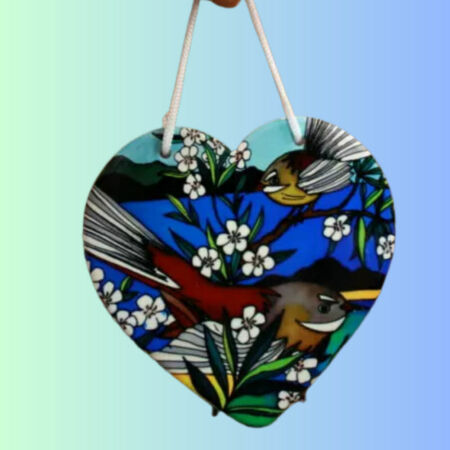 Ceramic heart "NZ Fantail and floral"