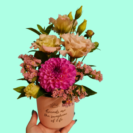 Friends positivity pot, fresh in season florals designed into a cute positivity pot.